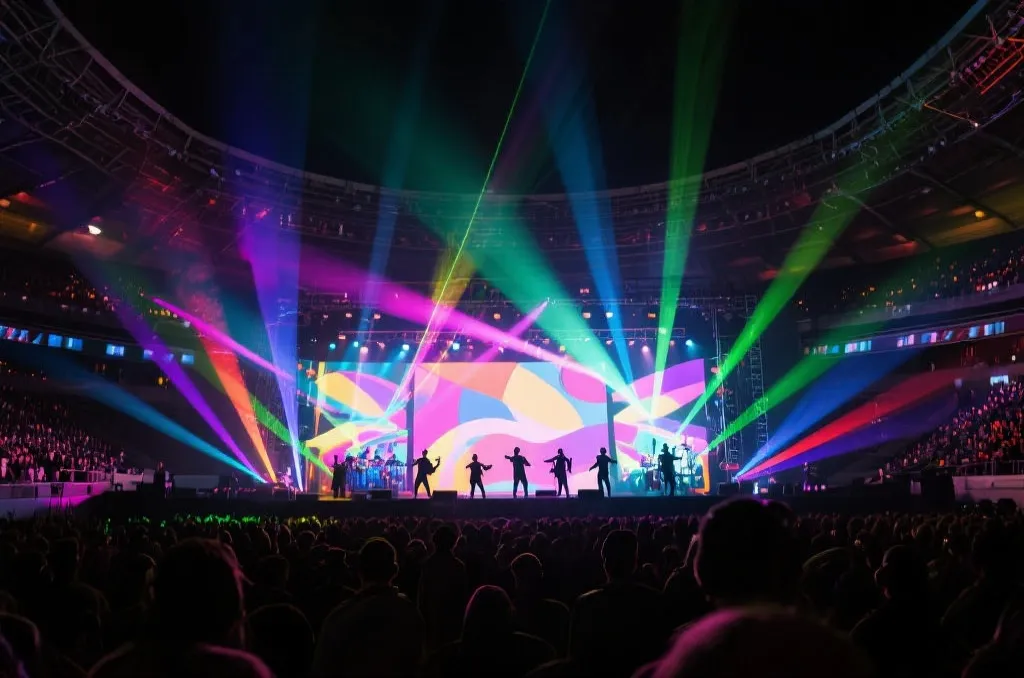A vibrant stadium concert stage with dynamic colorful laser lights, abstract musical performers silhouettes, festive atmosphere