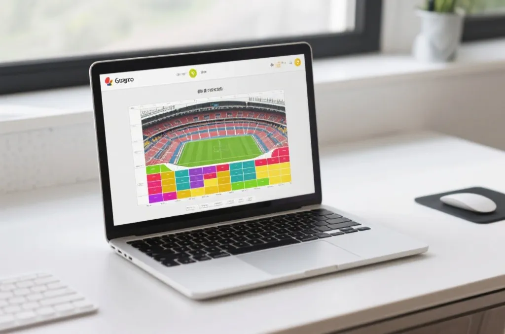 A laptop screen displaying a colorful seating chart for a large stadium, clean and professional workspace setup